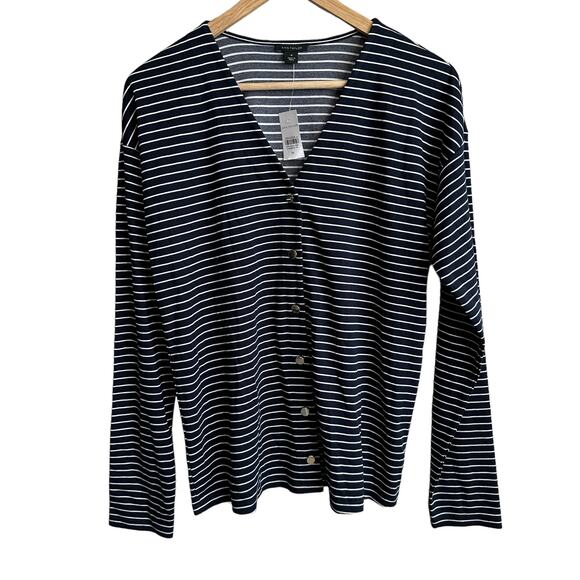 Ann Taylor Striped Drop Shoulder Cardigan Blue White M - Picture 2 of 11
